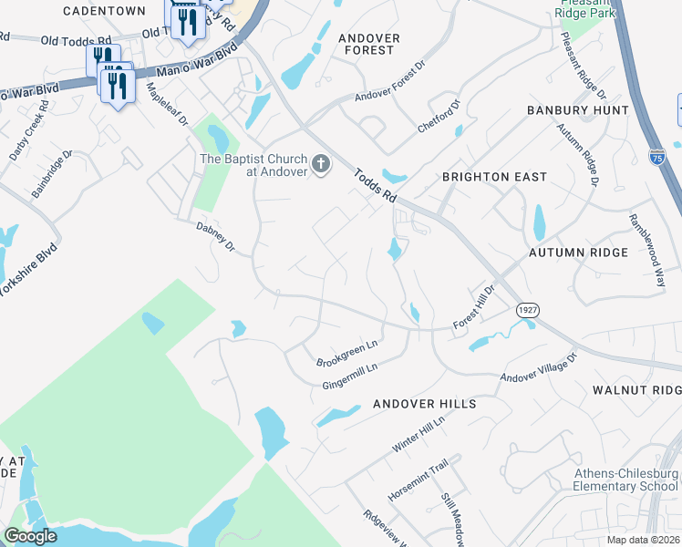 map of restaurants, bars, coffee shops, grocery stores, and more near 3525 Hunters Green Way in Lexington