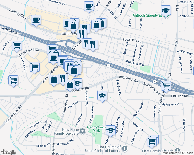 map of restaurants, bars, coffee shops, grocery stores, and more near 2505 Florida Lane in Antioch