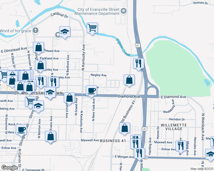 map of restaurants, bars, coffee shops, grocery stores, and more near 1212 Negley Avenue in Evansville