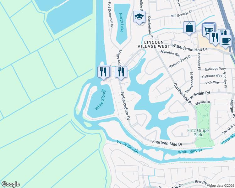map of restaurants, bars, coffee shops, grocery stores, and more near 6449 Embarcadero Drive in Stockton