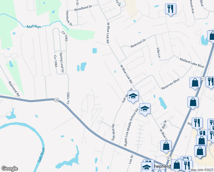 map of restaurants, bars, coffee shops, grocery stores, and more near 123 Thomas Glen Drive in Shepherdsville