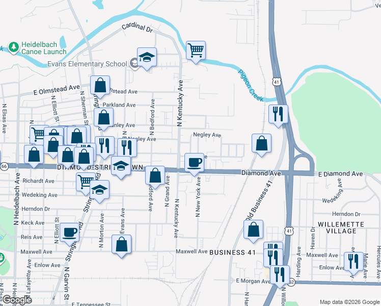 map of restaurants, bars, coffee shops, grocery stores, and more near 2421 North New York Avenue in Evansville