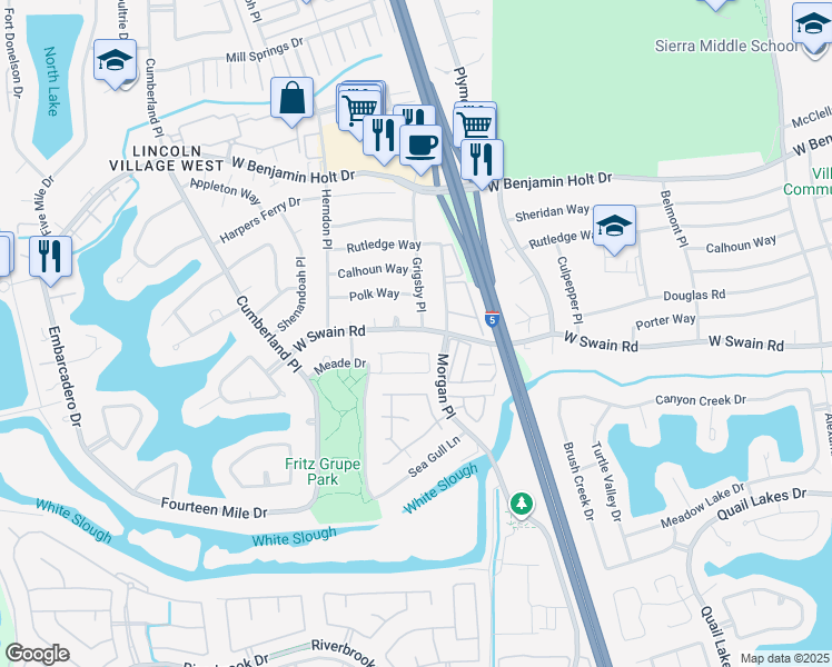 map of restaurants, bars, coffee shops, grocery stores, and more near 3106 West Swain Road in Stockton