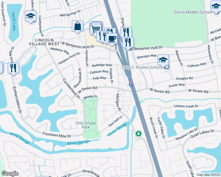 map of restaurants, bars, coffee shops, grocery stores, and more near 3106 West Swain Road in Stockton