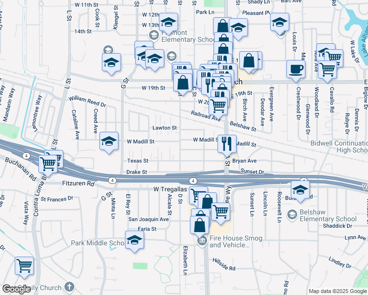 map of restaurants, bars, coffee shops, grocery stores, and more near 238 Rossi Avenue in Antioch