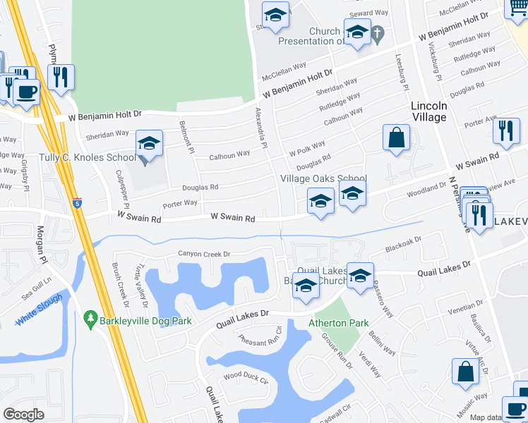 map of restaurants, bars, coffee shops, grocery stores, and more near 6081 Swain D Court in Stockton