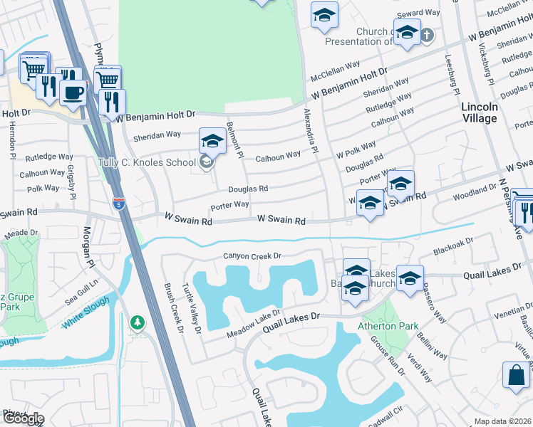 map of restaurants, bars, coffee shops, grocery stores, and more near 2413 Porter Way in Stockton