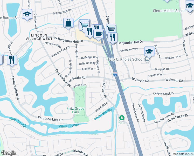 map of restaurants, bars, coffee shops, grocery stores, and more near 6119 Grigsby Place in Stockton