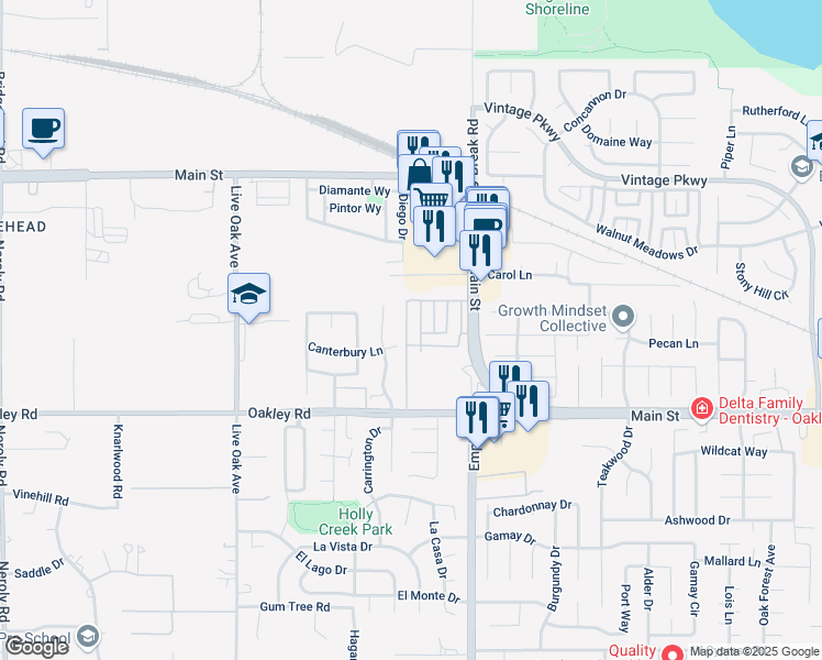 map of restaurants, bars, coffee shops, grocery stores, and more near 114 Zartop Street in Oakley