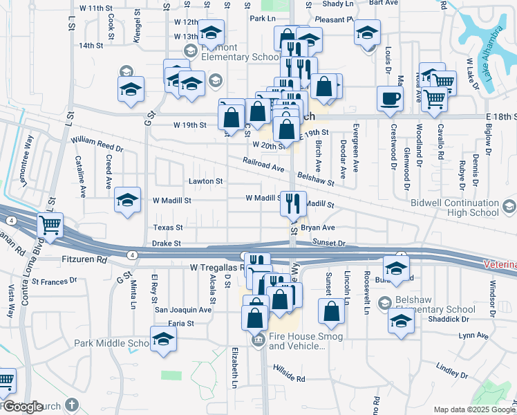 map of restaurants, bars, coffee shops, grocery stores, and more near 200 Rossi Avenue in Antioch