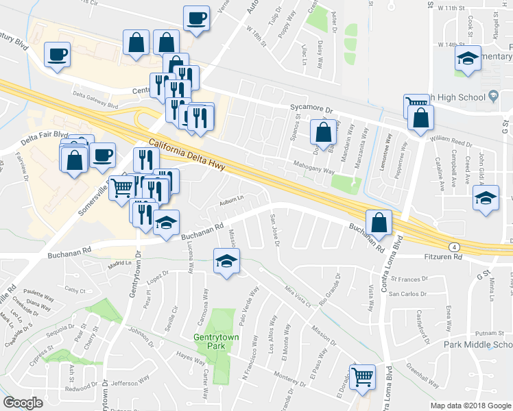 map of restaurants, bars, coffee shops, grocery stores, and more near 2602 Rutgers Lane in Antioch