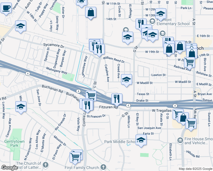 map of restaurants, bars, coffee shops, grocery stores, and more near 5 Madill Circle in Antioch