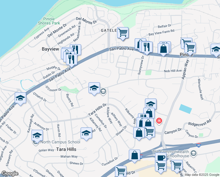 map of restaurants, bars, coffee shops, grocery stores, and more near 727 Marlesta Road in Pinole
