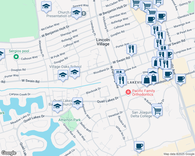 map of restaurants, bars, coffee shops, grocery stores, and more near 1545 West Longview Avenue in Stockton
