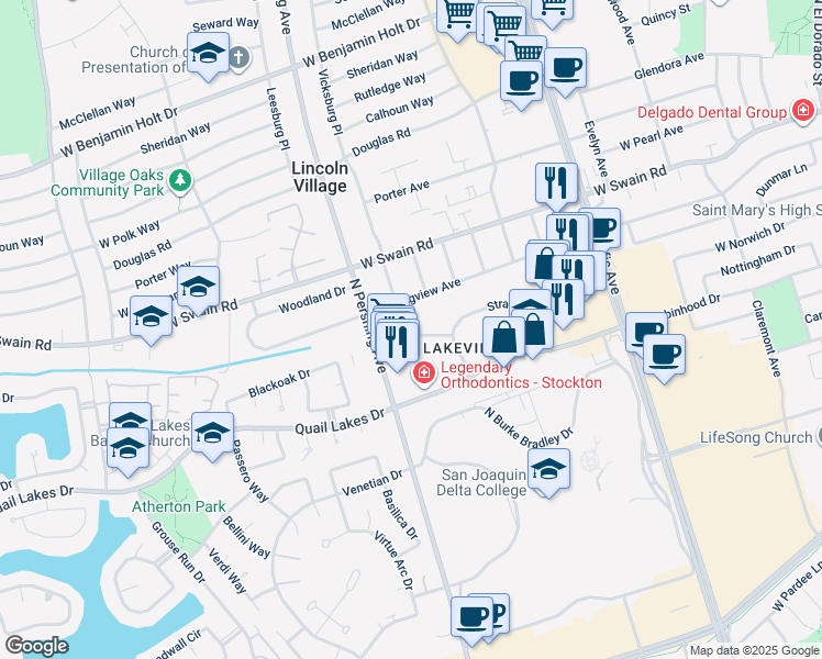 map of restaurants, bars, coffee shops, grocery stores, and more near 1351 Buckingham Way in Stockton