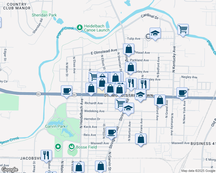 map of restaurants, bars, coffee shops, grocery stores, and more near 508 Negley Avenue in Evansville