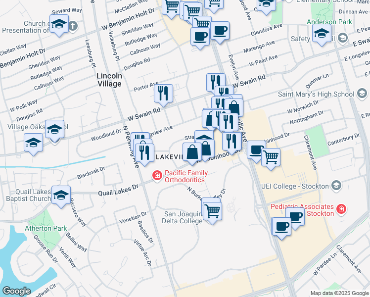 map of restaurants, bars, coffee shops, grocery stores, and more near 1150 Stratford Circle in Stockton