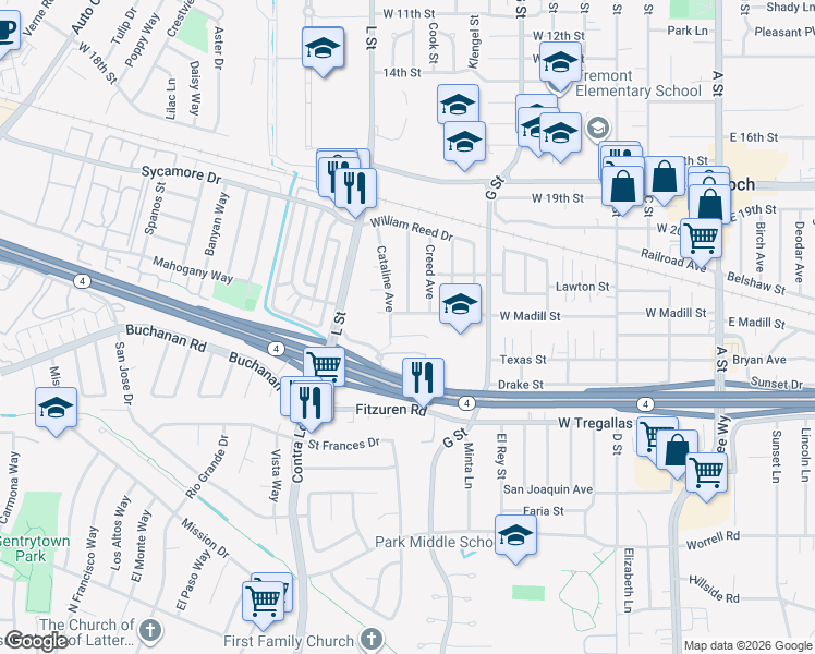 map of restaurants, bars, coffee shops, grocery stores, and more near 100 Campbell Avenue in Antioch