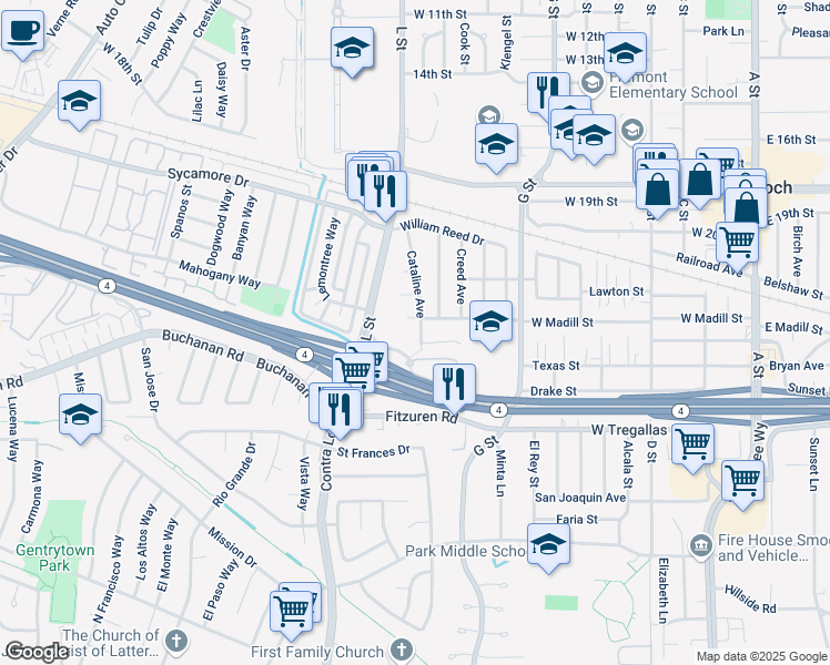 map of restaurants, bars, coffee shops, grocery stores, and more near 5 Madill Circle in Antioch