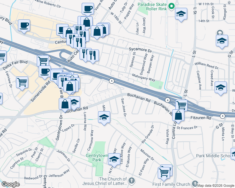map of restaurants, bars, coffee shops, grocery stores, and more near 1808 San Jose Drive in Antioch