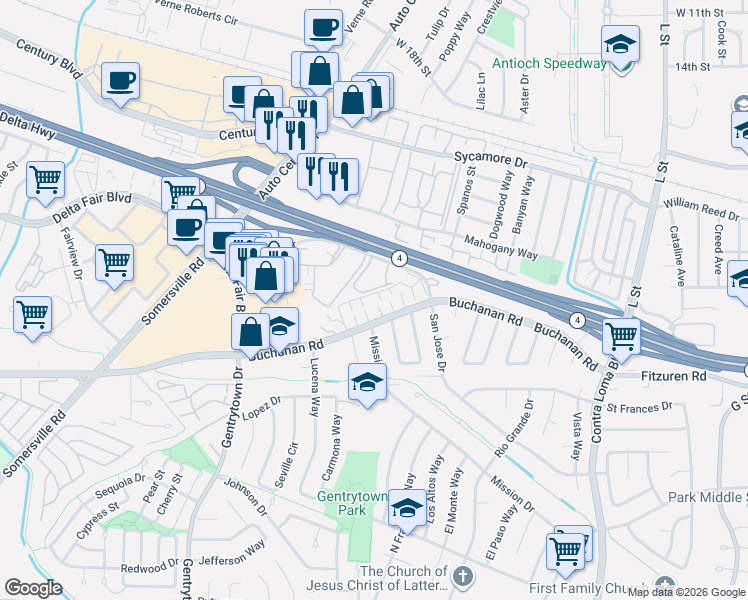 map of restaurants, bars, coffee shops, grocery stores, and more near 2005 San Jose Drive in Antioch