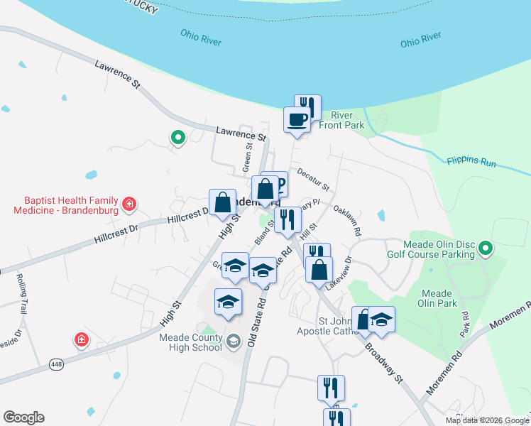 map of restaurants, bars, coffee shops, grocery stores, and more near 137 Broadway Street in Brandenburg
