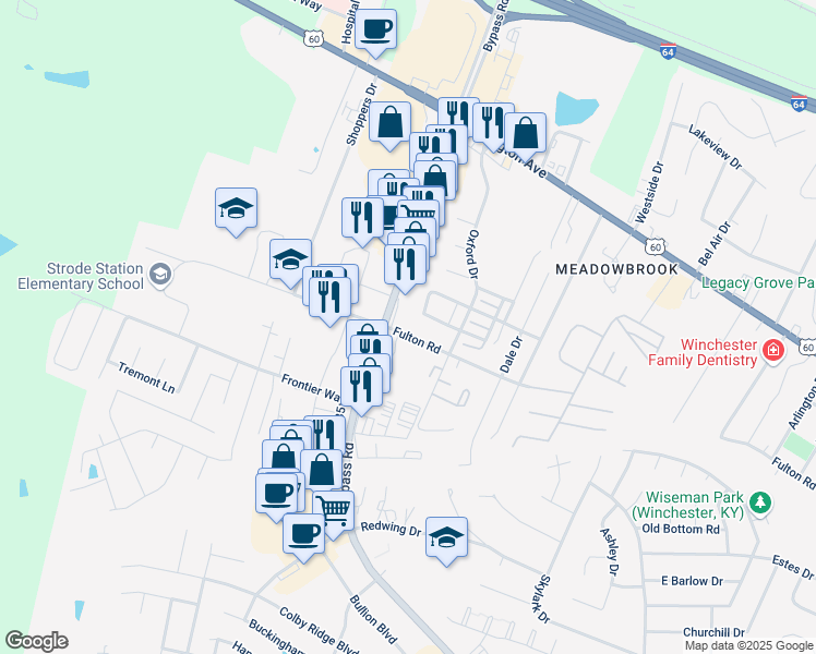 map of restaurants, bars, coffee shops, grocery stores, and more near 920 Bypass Road in Winchester