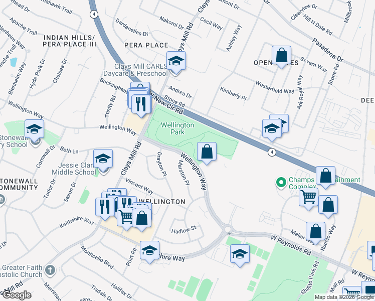 map of restaurants, bars, coffee shops, grocery stores, and more near 565 Wellington Way in Lexington