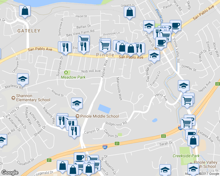 map of restaurants, bars, coffee shops, grocery stores, and more near 1669 Glen Court in Pinole