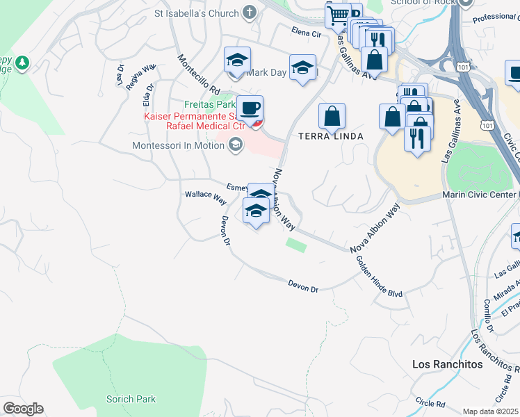 map of restaurants, bars, coffee shops, grocery stores, and more near 320 Nova Albion Way in San Rafael