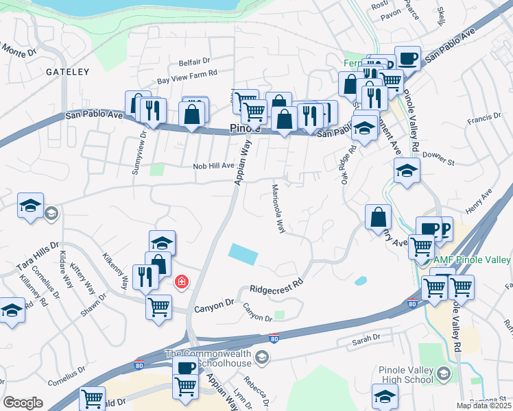 map of restaurants, bars, coffee shops, grocery stores, and more near 1669 Glen Court in Pinole