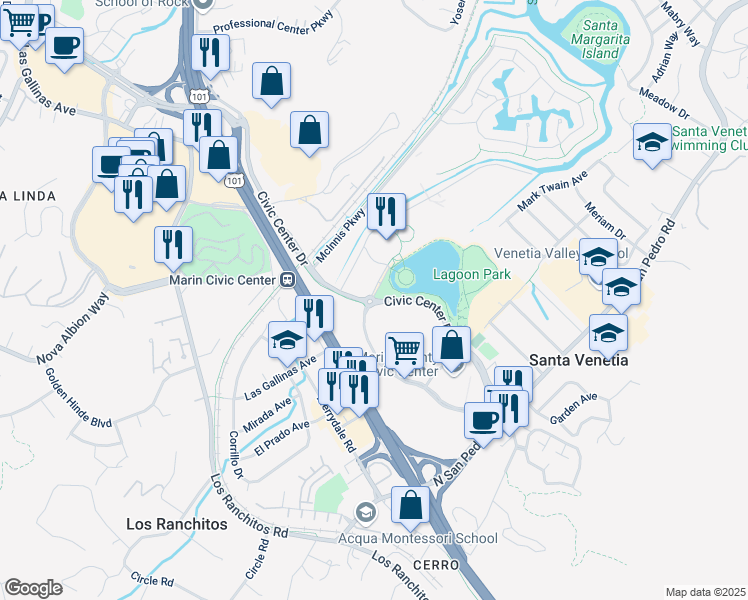 map of restaurants, bars, coffee shops, grocery stores, and more near Civic Center Drive in San Rafael