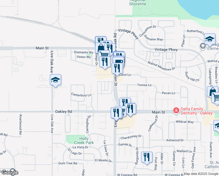 map of restaurants, bars, coffee shops, grocery stores, and more near 19 Otsego Street in Oakley