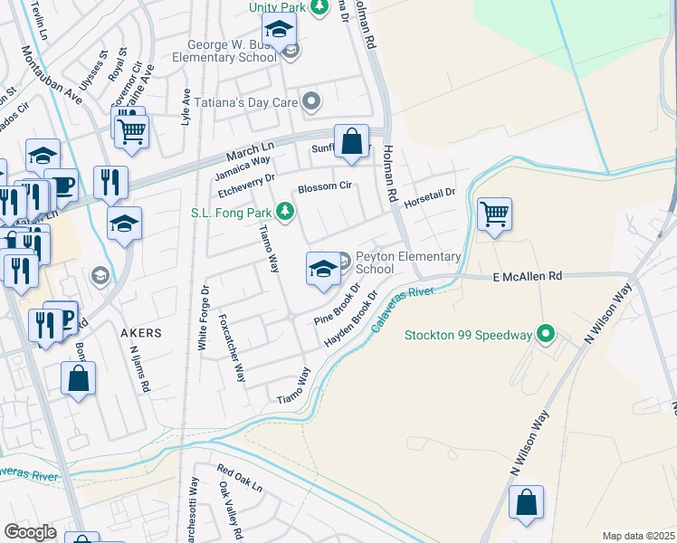 map of restaurants, bars, coffee shops, grocery stores, and more near 2525 Gold Brook Drive in Stockton