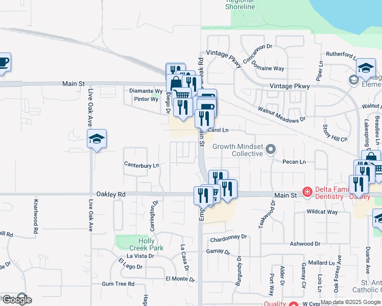 map of restaurants, bars, coffee shops, grocery stores, and more near 24 Otsego Street in Oakley
