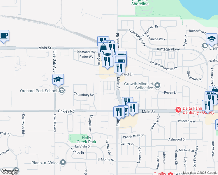 map of restaurants, bars, coffee shops, grocery stores, and more near 46 Cayuga Street in Oakley