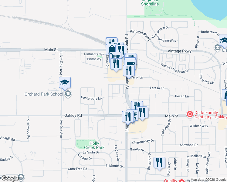 map of restaurants, bars, coffee shops, grocery stores, and more near 99 Ottawa Street in Oakley
