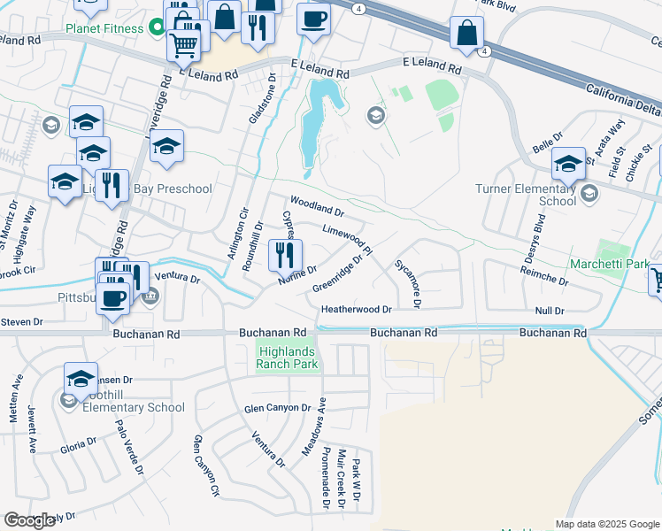 map of restaurants, bars, coffee shops, grocery stores, and more near 1637 Norine Drive in Pittsburg