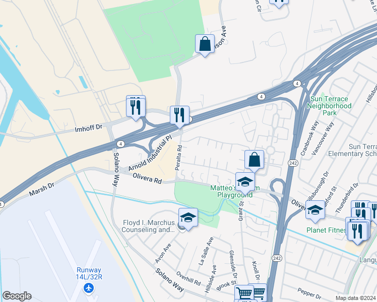 map of restaurants, bars, coffee shops, grocery stores, and more near 1023 Peralta Road in Concord