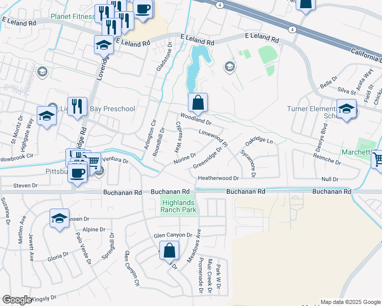 map of restaurants, bars, coffee shops, grocery stores, and more near 1593 Norine Drive in Pittsburg