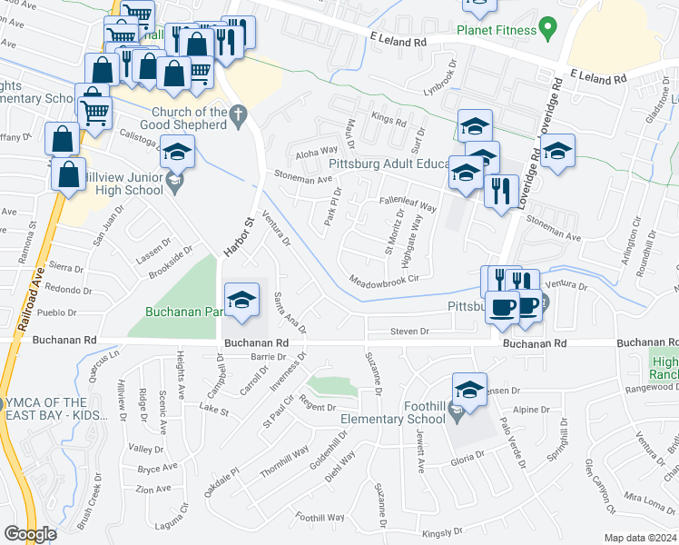 map of restaurants, bars, coffee shops, grocery stores, and more near 3904 Meadowbrook Circle in Pittsburg