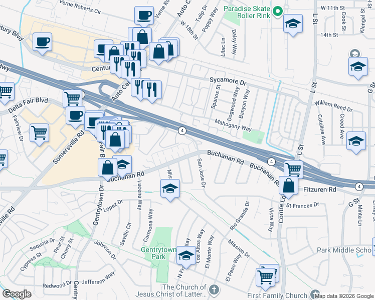map of restaurants, bars, coffee shops, grocery stores, and more near 1808 San Jose Drive in Antioch
