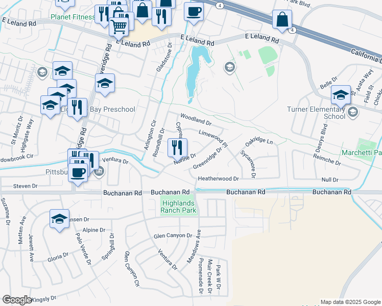 map of restaurants, bars, coffee shops, grocery stores, and more near 1593 Norine Drive in Pittsburg