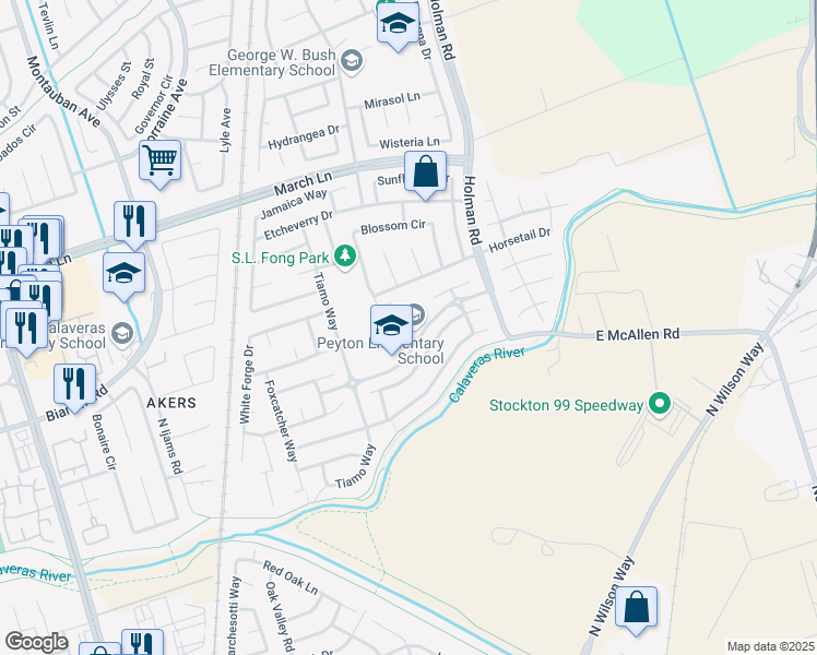 map of restaurants, bars, coffee shops, grocery stores, and more near 2525 Gold Brook Drive in Stockton
