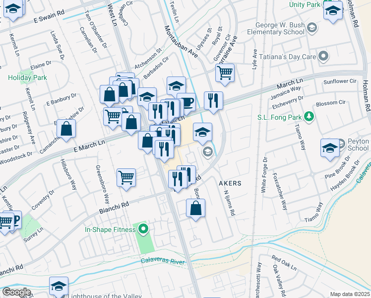 map of restaurants, bars, coffee shops, grocery stores, and more near 1633 East Bianchi Road in Stockton