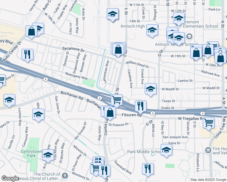 map of restaurants, bars, coffee shops, grocery stores, and more near 2400 L Street in Antioch