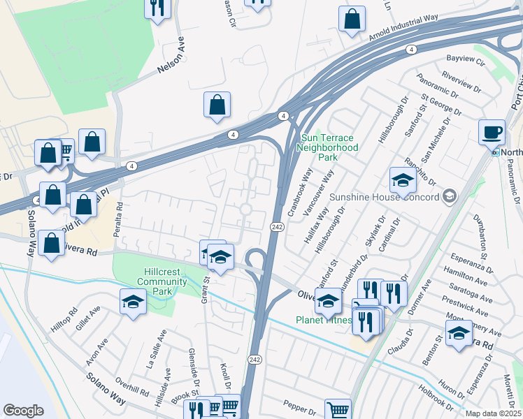 map of restaurants, bars, coffee shops, grocery stores, and more near 3565 Northwood Drive in Concord