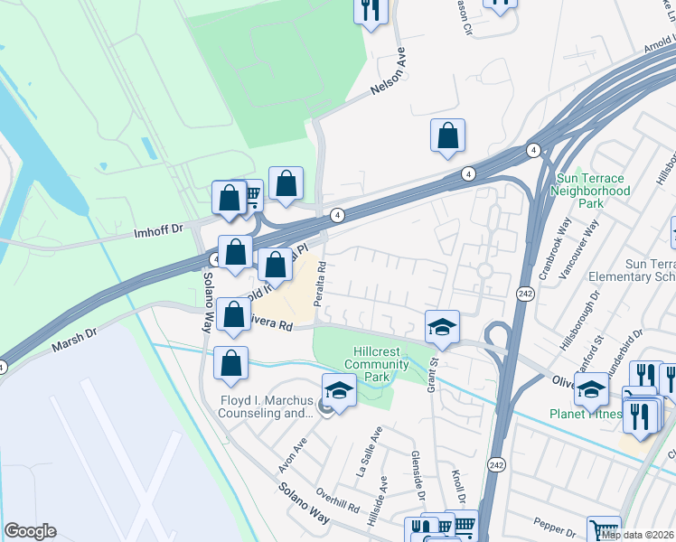 map of restaurants, bars, coffee shops, grocery stores, and more near 1023 Peralta Road in Concord