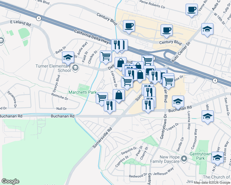 map of restaurants, bars, coffee shops, grocery stores, and more near 3501 Fairview Drive in Antioch