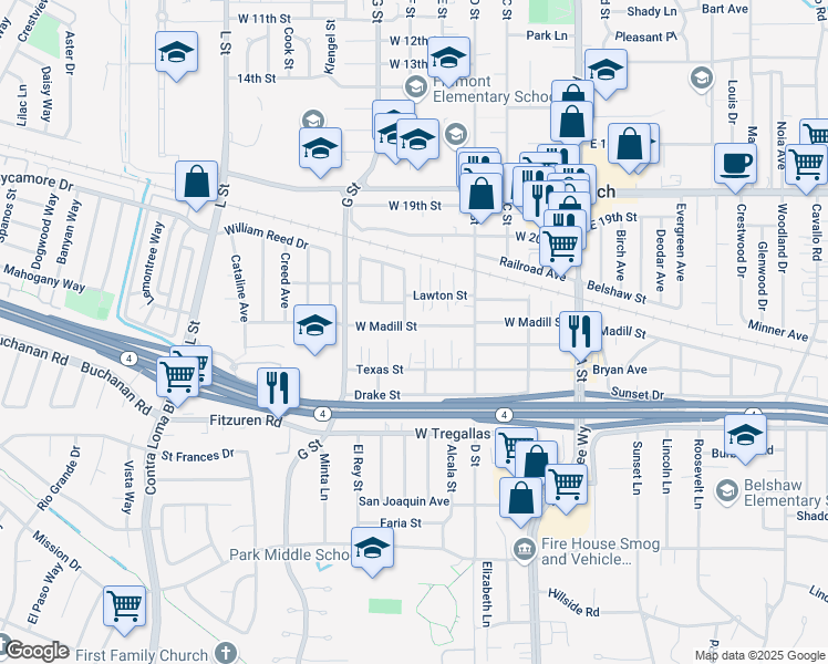 map of restaurants, bars, coffee shops, grocery stores, and more near 351 West Madill Street in Antioch